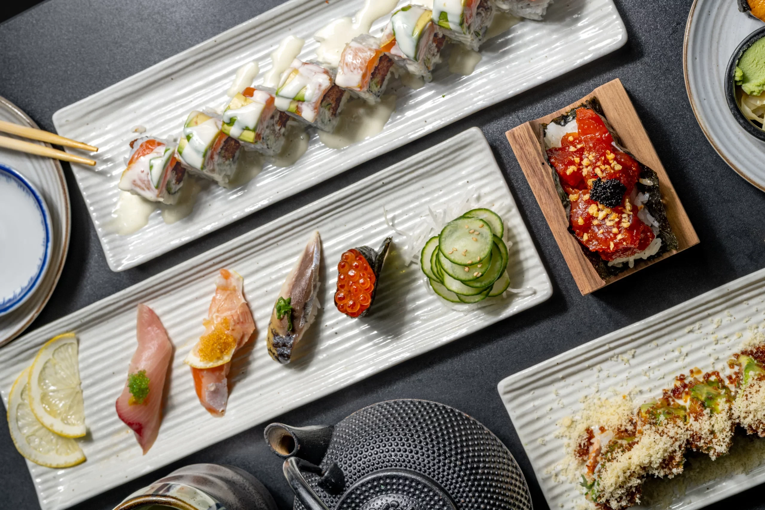 Assorted sushi rolls and nigiri at Blue Fish Utah